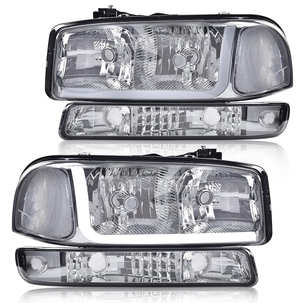 G-PLUS LED DRL Headlights Assembly, Compatible with 1999-2007 GMC Sierra 1500/2001-2007 GMC Sierra 1500 HD Bumper Headlamps, Smoky Lens Chrome Housing Clear Reflector,faros delanteros