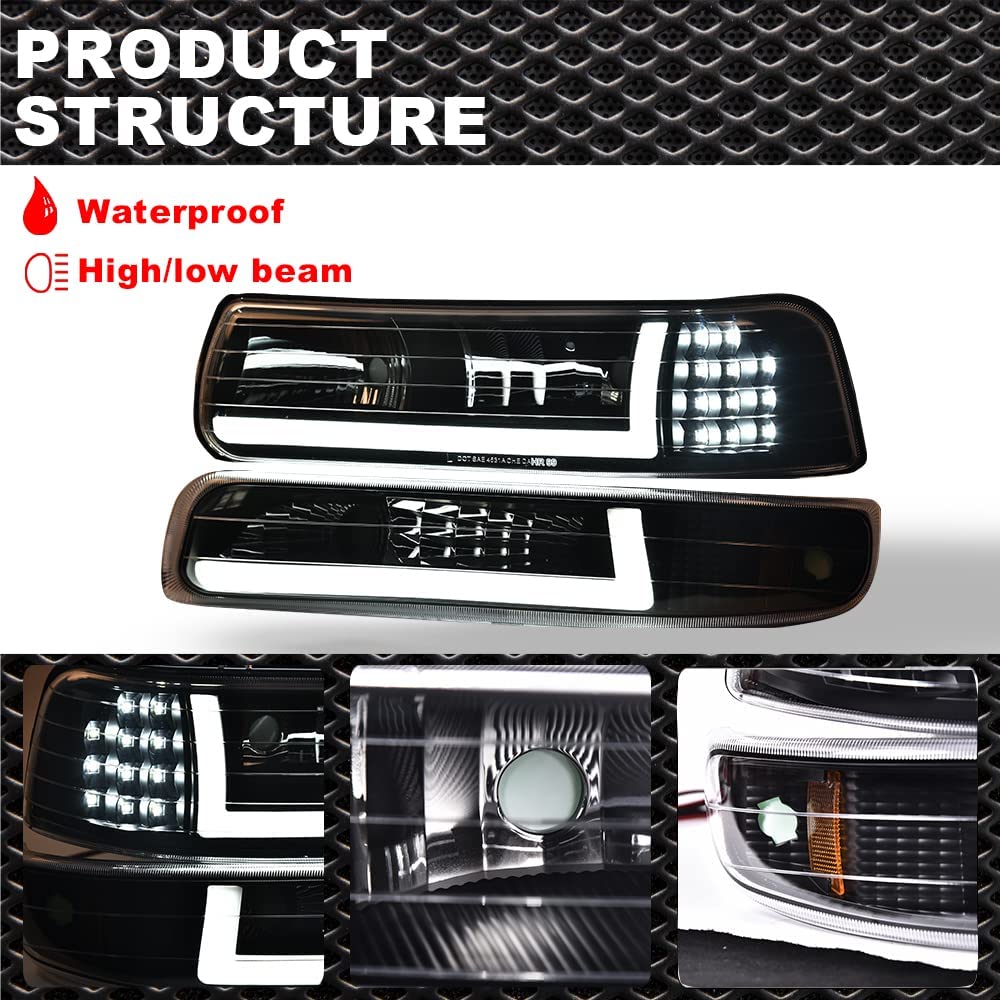 G-PLUS LED DRL Headlights, Compatible with 1999 2000 2001 200 2003 2004 2005 2006 Silverado/Suburban Bumper Headlamps, Clear Lens Black Housing Amber Reflector