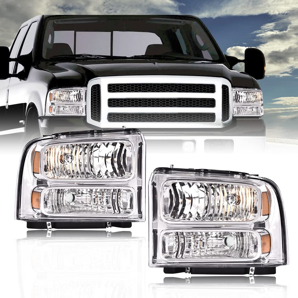 G-PLUS Headlights Assembly Compatible with Ford F250 F350 F450 F550 Super Duty 1999-2004, Fit Ford Excursion 2000-2004 Left & Right Headlamps Assembly, Clear Lens Chrome Housing Amber Reflector