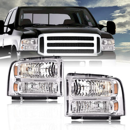 G-PLUS Headlights Assembly Compatible with Ford F250 F350 F450 F550 Super Duty 1999-2004, Fit Ford Excursion 2000-2004 Left & Right Headlamps Assembly, Clear Lens Chrome Housing Amber Reflector