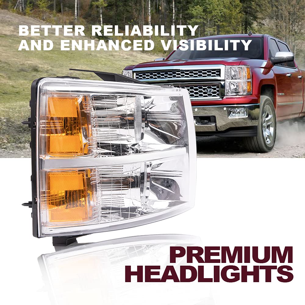 G-PLUS Headlights Assembly Fit Chevy Silverado 1500 2007-2013, Fit Chevy Silverado 2500 3500 & HD 2007-2014, Left & Right Headlamps Clear Lens Chrome Housing Amber Reflector, faros delanteros