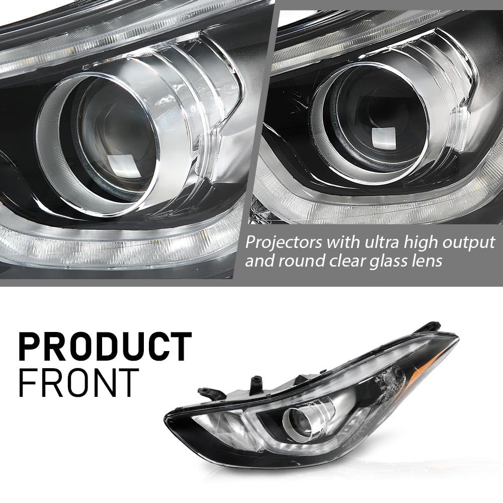 G-PLUS Headlight DRL LED Projector Driver LH Compatible with Hyundai Elantra 2014-2016 Clear Lens Black Housing Amber Reflector Bumper Headlamps,faros delanteros