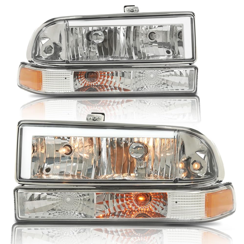 G-PLUS LED Headlights Front Headlamps Fit Chevy Blazer 1998-2005, Fit Chevy S10 Pickup 1998-2004 with Bumper Lights Clear Lens Chrome Housing Amber Reflector,faros delanteros Assembly