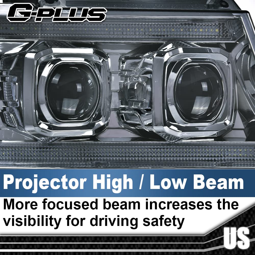 G-PLUS LED Tube Dual Projector Headlights, Compatible with 2007-2014 Chevy Tahoe/Suburban Bumper Headlamps Assembly, Smoky Lens Chrome Housing Clear Reflector,faros delanteros