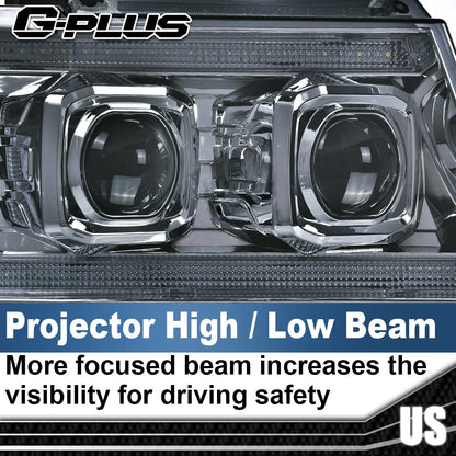 G-PLUS LED Tube Dual Projector Headlights, Compatible with 2007-2014 Chevy Tahoe/Suburban Bumper Headlamps Assembly, Smoky Lens Chrome Housing Clear Reflector,faros delanteros