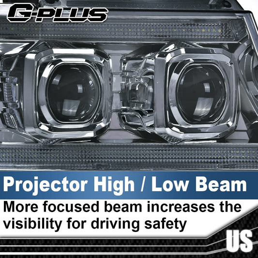 G-PLUS LED Tube Dual Projector Headlights, Compatible with 2007-2014 Chevy Tahoe/Suburban Bumper Headlamps Assembly, Smoky Lens Chrome Housing Clear Reflector,faros delanteros
