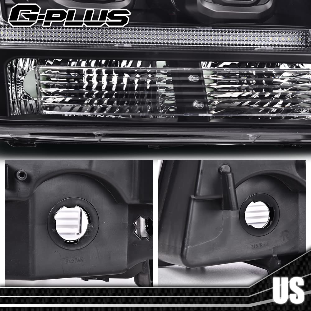 G-PLUS LED Tube Dual Projector Headlights, Compatible with 2007-2014 Chevy Tahoe/Suburban Bumper Headlamps Assembly, Clear Lens Black Housing Amber Reflector,faros delanteros