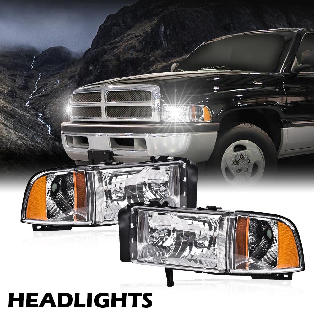 G-PLUS Headlights Lamps Fit Dodge Ram 1500 1994-2001/Fit Dodge Ram 2500 3500 1994-2002,Not fit Ram Sport,Clear Lens Chrome Housing Amber Reflector w/o Bulbs Bumper Headlamps,faros delanteros Assembly