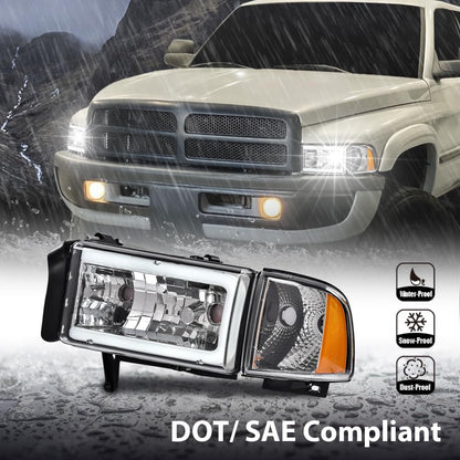 G-PLUS LED Light Strip Headlights w/o Bulbs Fit Dodge Ram 1500 1994-2001/Dodge Ram 2500 3500 1994-2002 Clear Lens Chrome Housing Amber Reflector Bumper Headlamps,faros delanteros Assembly