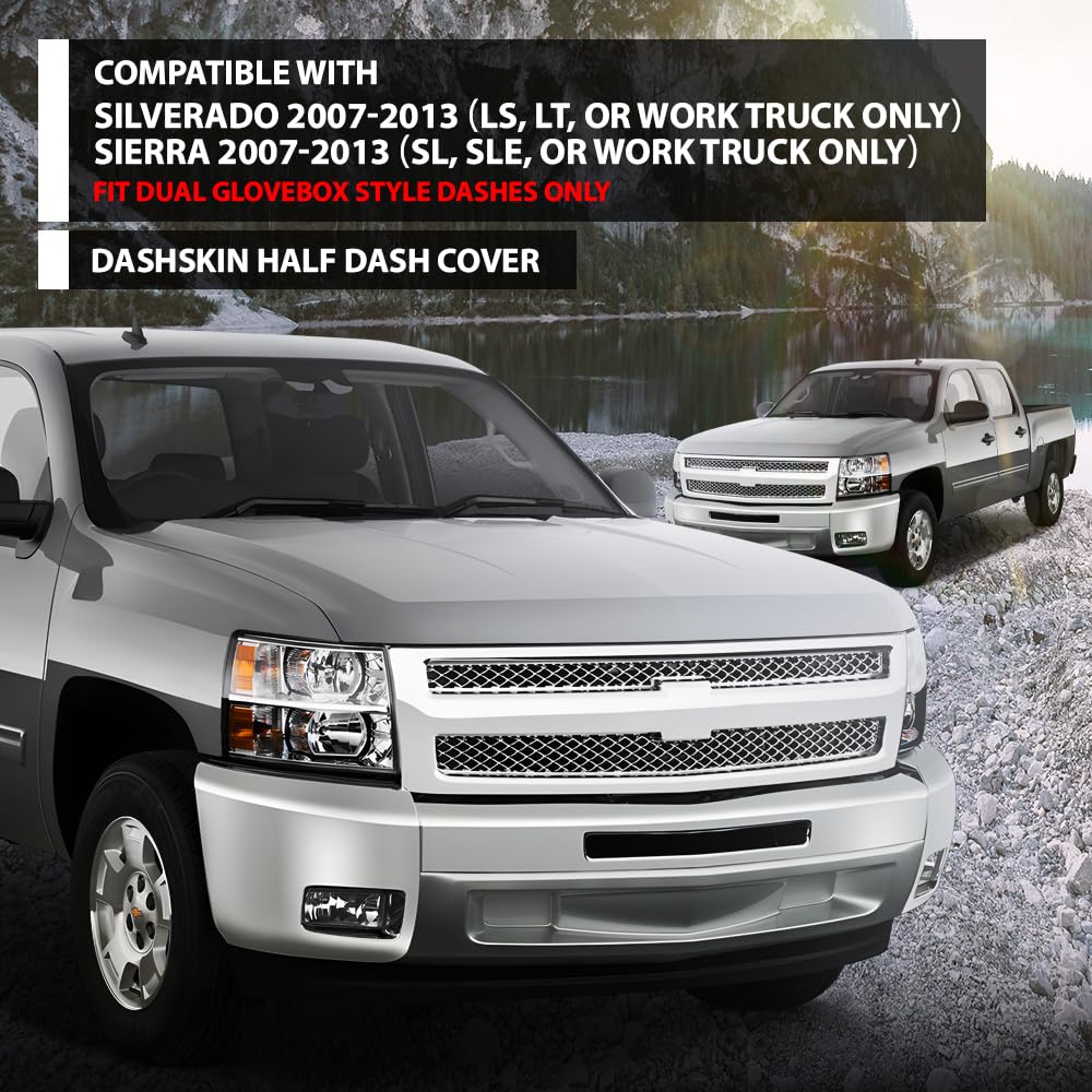 G-PLUS TPE Dash Board Cover w/Adhesive, Compatible with Chevy Silverado LS LT WT/GMC Sierra SL SLE 2007-2013 Dual Glovebox Style Dashboard Black