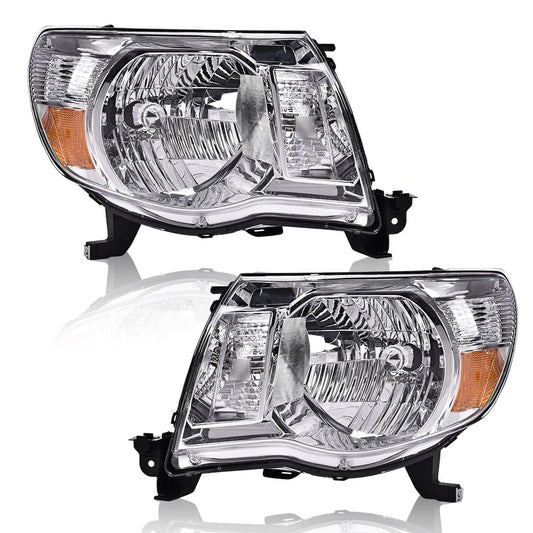 G-PLUS Headlights Assembly Compatible with Toyota Tacoma 2005-2011 Headlamps Pair Halogen Clear Lens Chrome Housing Amber Reflector,faros delanteros