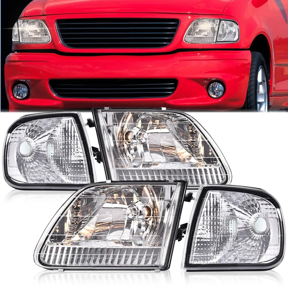 G-PLUS Headlights Assembly Fit Ford Expedition 1997-2002, Fit Ford F150 1998-2003 Left & Right Lamps Clear Lens Chrome HousingBumper Headlamps, faros delanteros