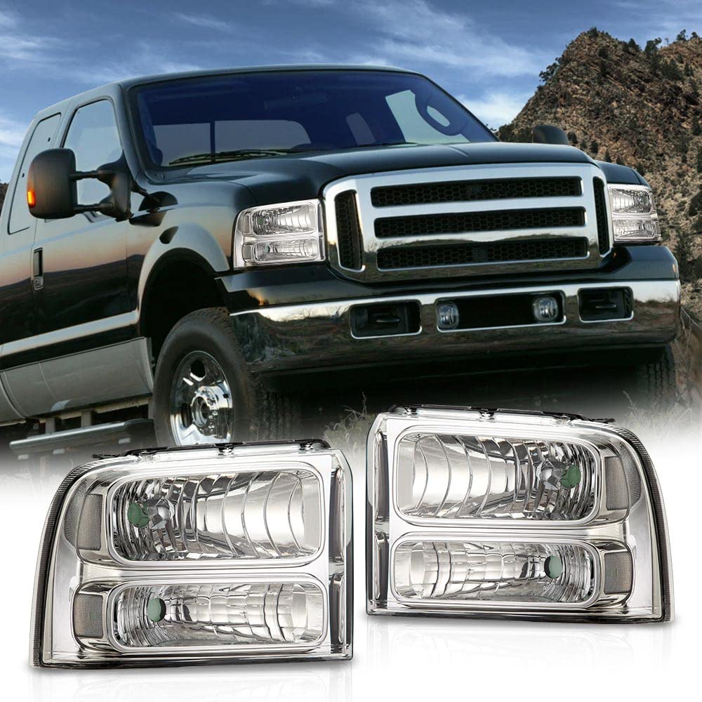 G-PLUS Headlights Compatible with Ford F250 F350 Super Duty 2005 2006 2007 Bumper Headlamps Assembly, Clear Lens Chrome Housing Clear Reflector Left Driver &Right Passenger
