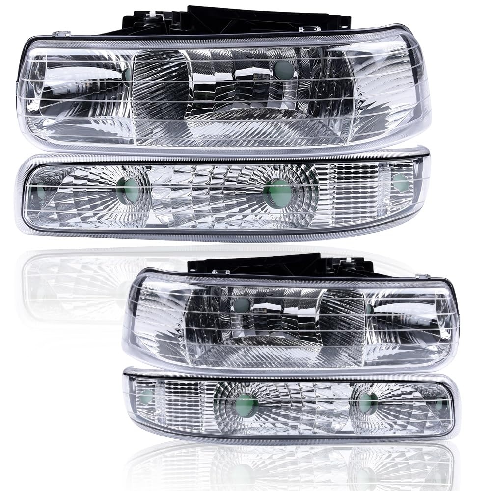 G-PLUS Headlights Assembly, Compatible with 1999-2002 Chevy Silverado/ 2000-2006 Suburban Tahoe Bumper Headlamps, Clear Lens Chrome Housing Clear Reflector,faros delanteros