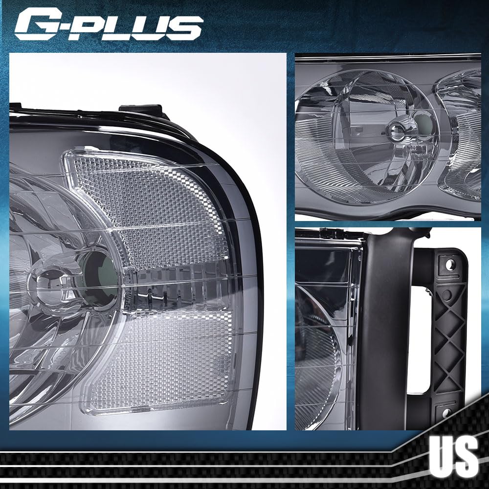 G-PLUS Headlights Assembly Fit 2002-2005 Dodge Ram 1500 2500 3500 Bumper Headlamp Smoky lens Chrome Housing Clear Reflector