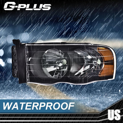 G-PLUS Headlights Assembly Compatible with Dodge Ram 1500 2500 3500 2002-2005 Bumper Headlamp, Clear lens Black Housing Amber Reflector
