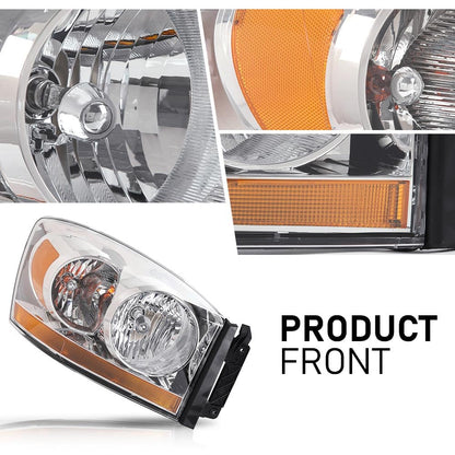 G-PLUS Headlights Assembly w/Bulbs Light Bar Right Passenger Side Compatible with Dodge Ram 1500 2006-2008/Fit Dodge Ram 2500 3500 2006-2009 Clear Lens Chrome Housing Amber Reflector 55077794AB