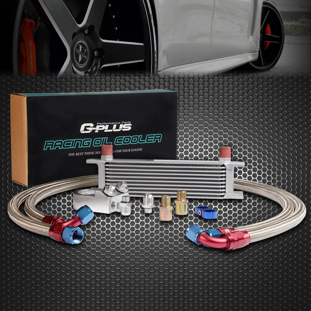 10 Row AN10 Aluminum Universal Engine Transmission Oil Cooler Kit + Oil Filter Adapter Hose End Silver