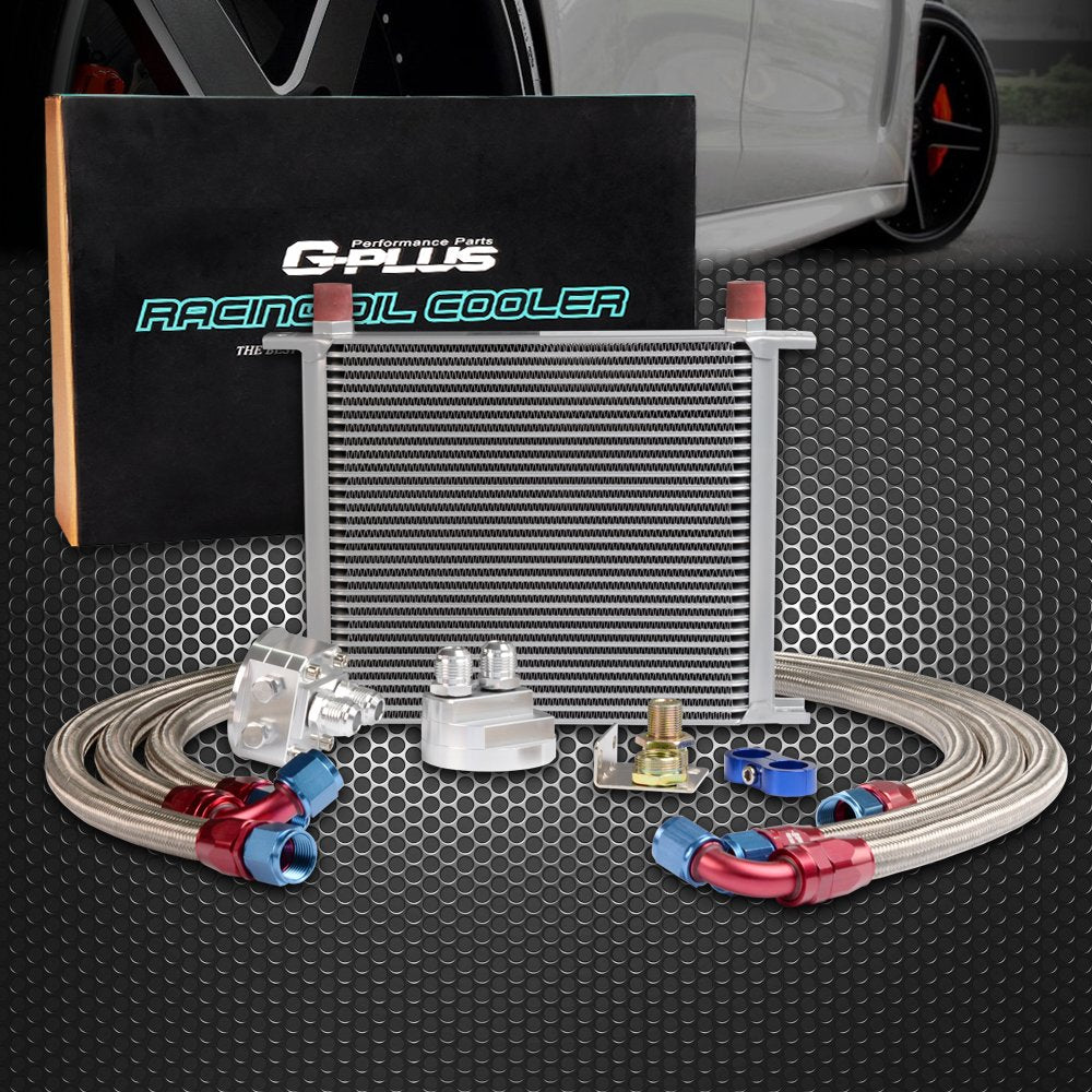 30 Row AN10-10AN Universal Aluminum Engine Transmission Oil Cooler Kit + Oil Filter Relocation Kit Silver