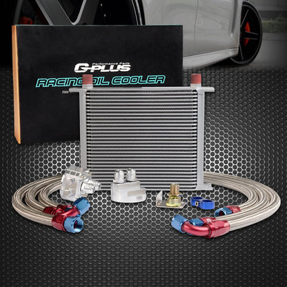 30 Row AN10-10AN Universal Aluminum Engine Transmission Oil Cooler Kit + Oil Filter Relocation Kit Silver