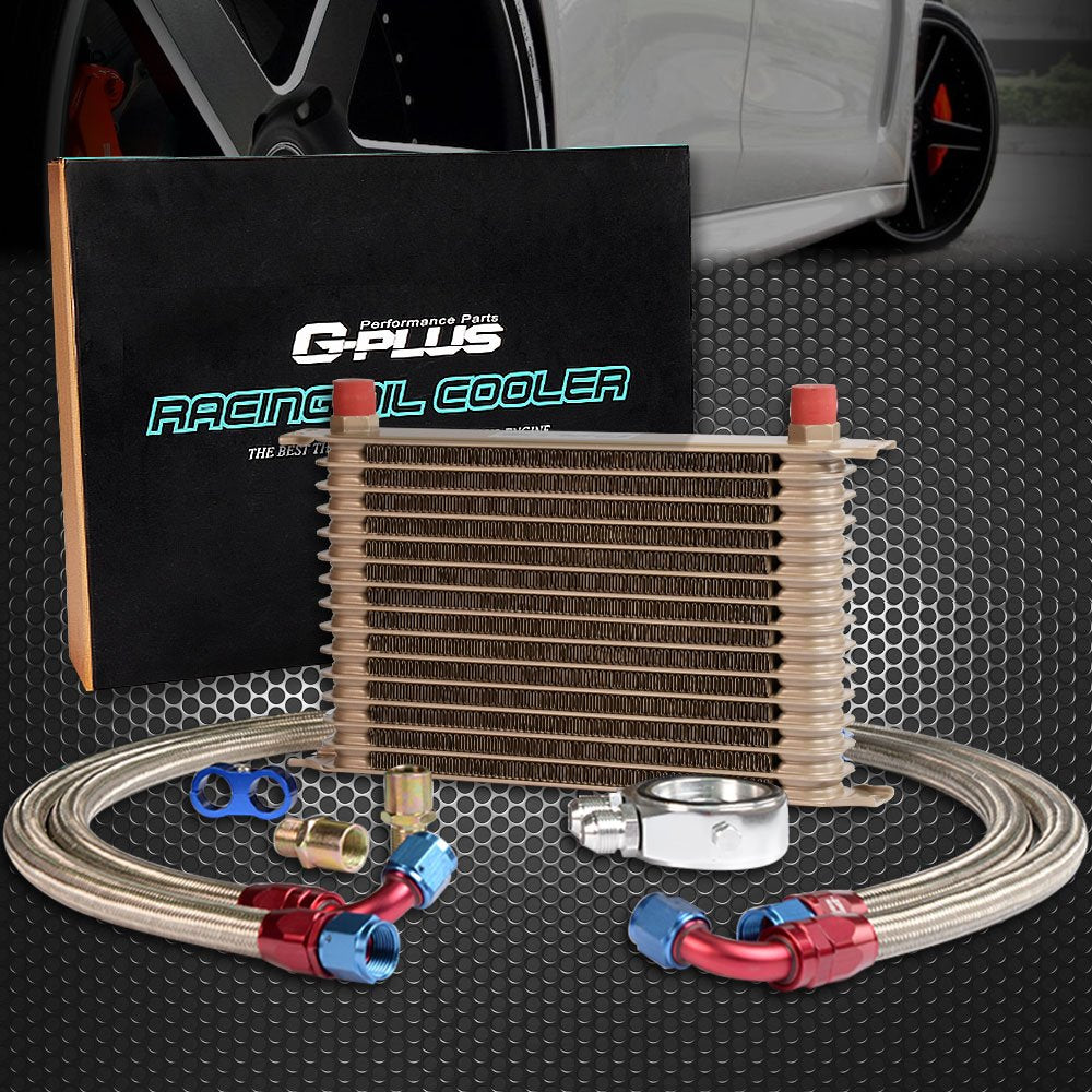 G-PLUS Universal 15 Row AN10-10AN Aluminum Engine Transmission Oil Cooler Kit + Oil Hose End Kit