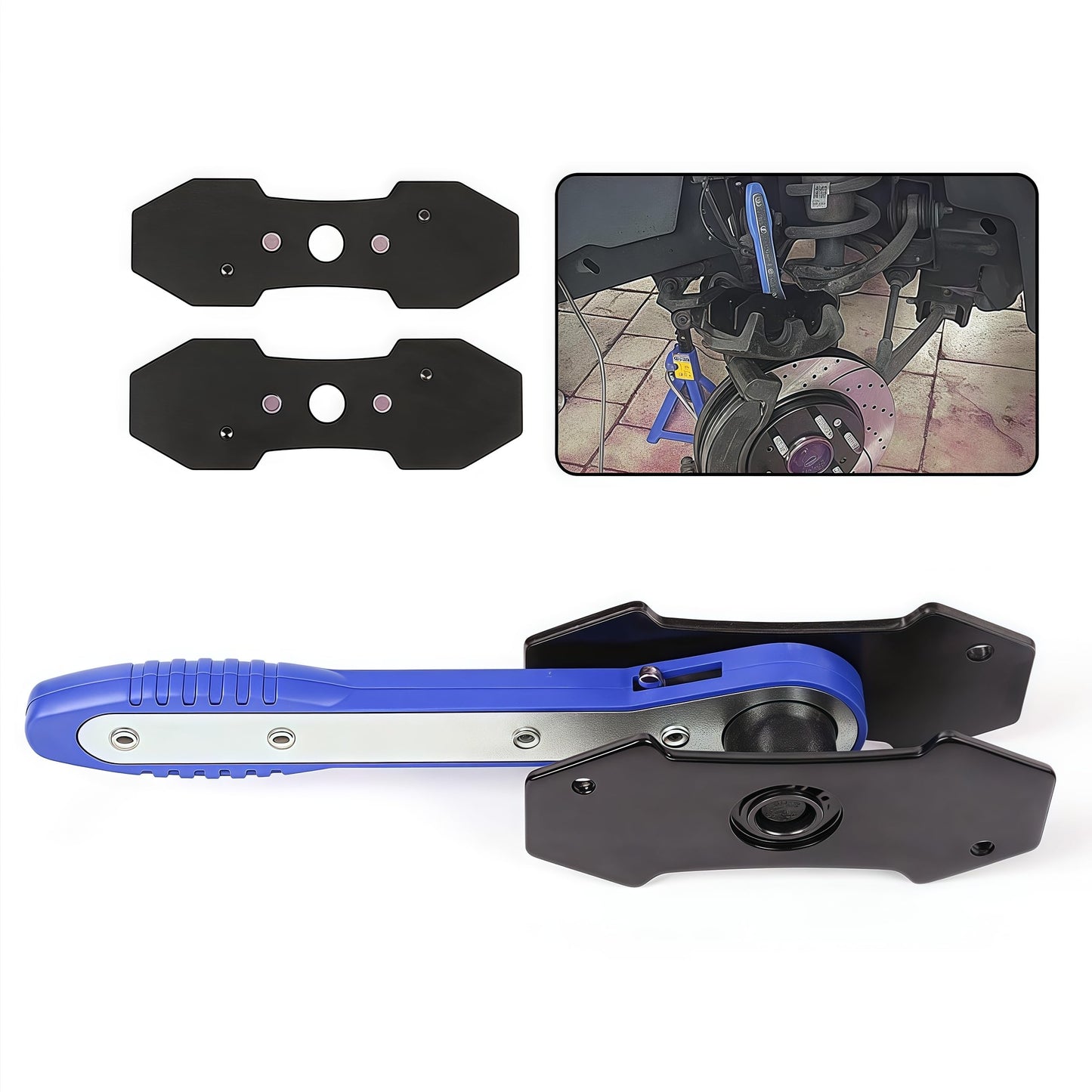 G-PLUS 360° Brake Caliper Press Tool with 2 Groups Steel Plates,4 in 1 Universal Disc Ratchet Brake Caliper Tool,Ratchet Piston Spreader Automotive Tools Car Brake Repair & Instalation Blue